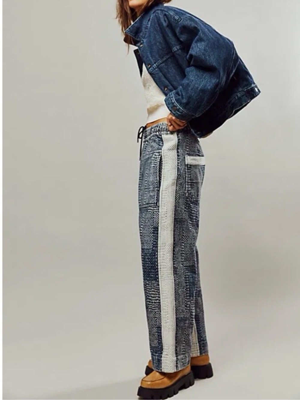 We The Free Blue Patchwork Wide-Leg Pants with White Side Stripe